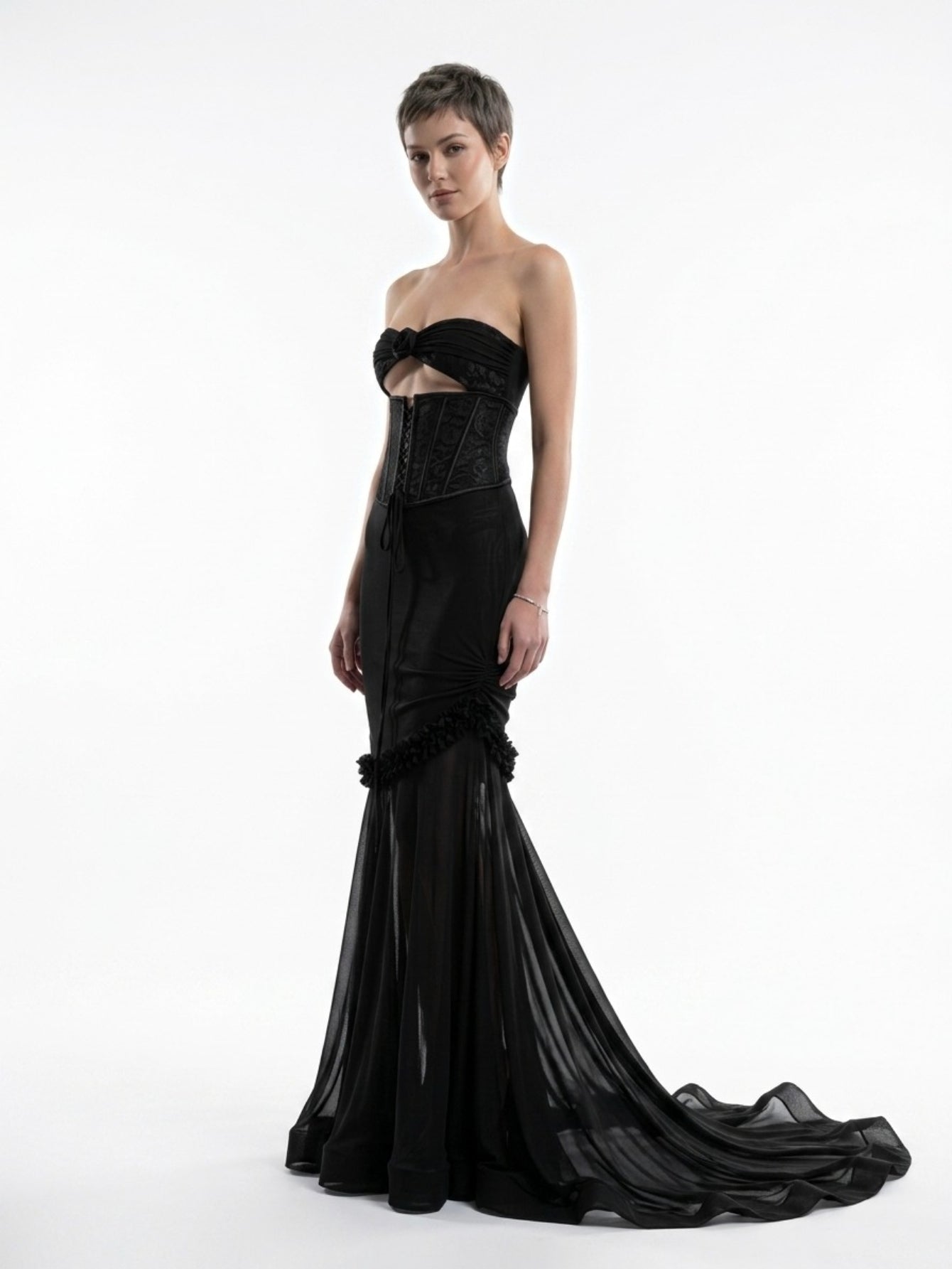 Women's Yellow Strapless Corset Gown - Floral Applique Cutout Tulle Mermaid Evening Dress