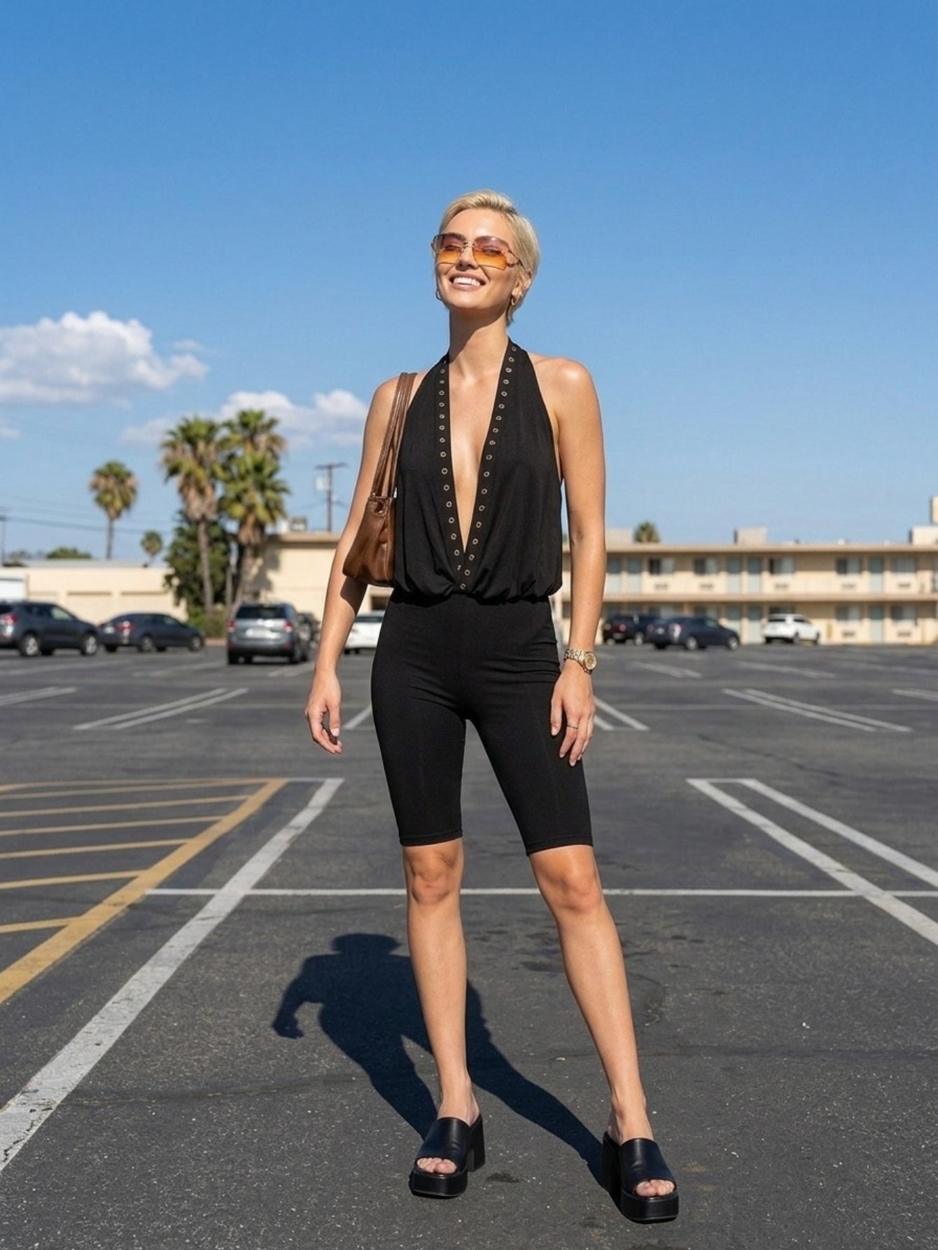 Women's Black Halter Jumpsuit - Deep V-Neck Studded Detail Sleeveless Bike Shorts Romper | Casual Summer Beach Club Wear