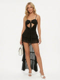 Women's Black Cutout Maxi Dress - Spaghetti Strap Tiered Ruffle Gown with Front Slit | Formal Evening Party Dress