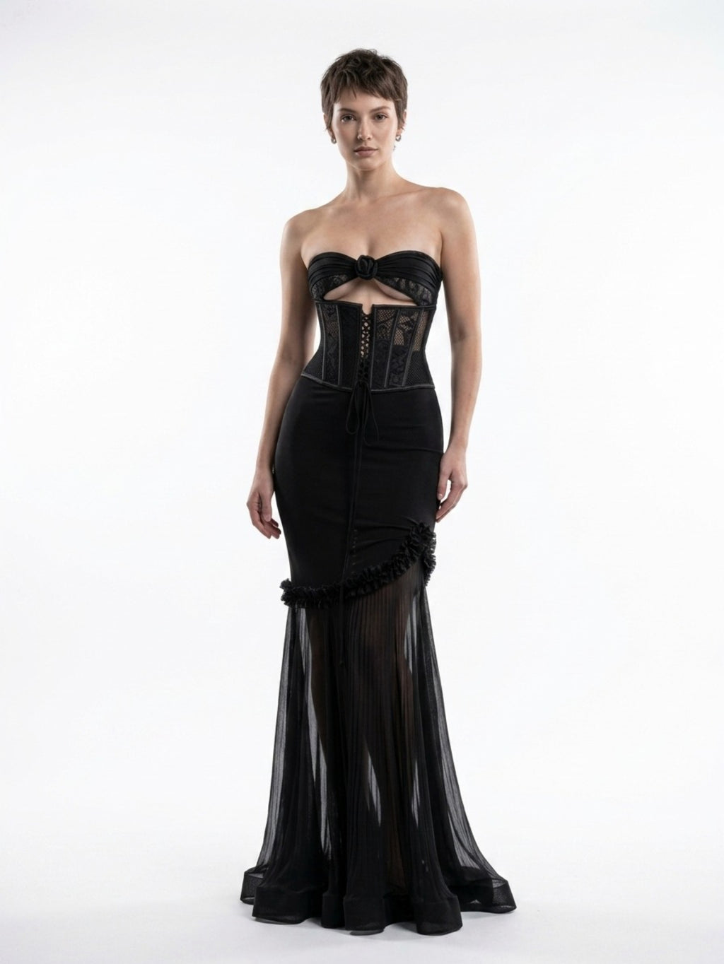 Women's Yellow Strapless Corset Gown - Floral Applique Cutout Tulle Mermaid Evening Dress