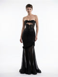 Women's Yellow Strapless Corset Gown - Floral Applique Cutout Tulle Mermaid Evening Dress