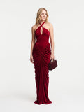 Women's Halter Neck Ruched Maxi Dress - Red Sexy Cutout Evening Gown with Asymmetric Hem