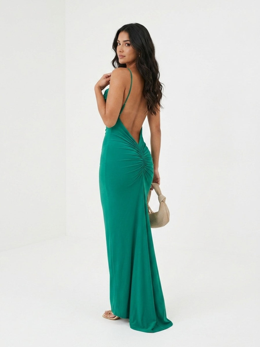 Women's Emerald Green Maxi Dress - Sleeveless V-Neck Ruched Evening Gown with Open Back