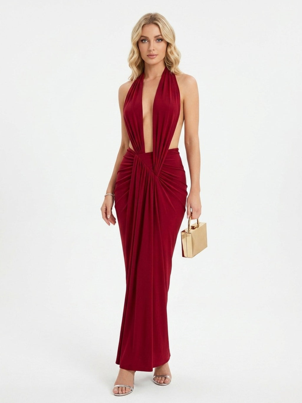 Women's  Halter Neck Maxi Dress - Sexy Plunging V-Neck Cutout Waist With Twisted Detail For Evening Party
