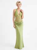 Women's Sage Green Halter Neck Maxi Dress - Elegant Lace Panel & Draped Ruching Design for Evening Party