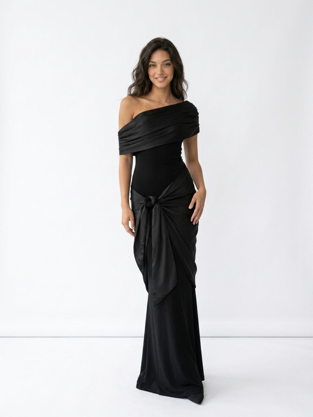 Women's One Shoulder Evening Gown - Black Draped Knot Detail Maxi Dress for Formal Occasions
