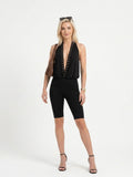 Women's Black Halter Jumpsuit - Deep V-Neck Studded Detail Sleeveless Bike Shorts Romper | Casual Summer Beach Club Wear