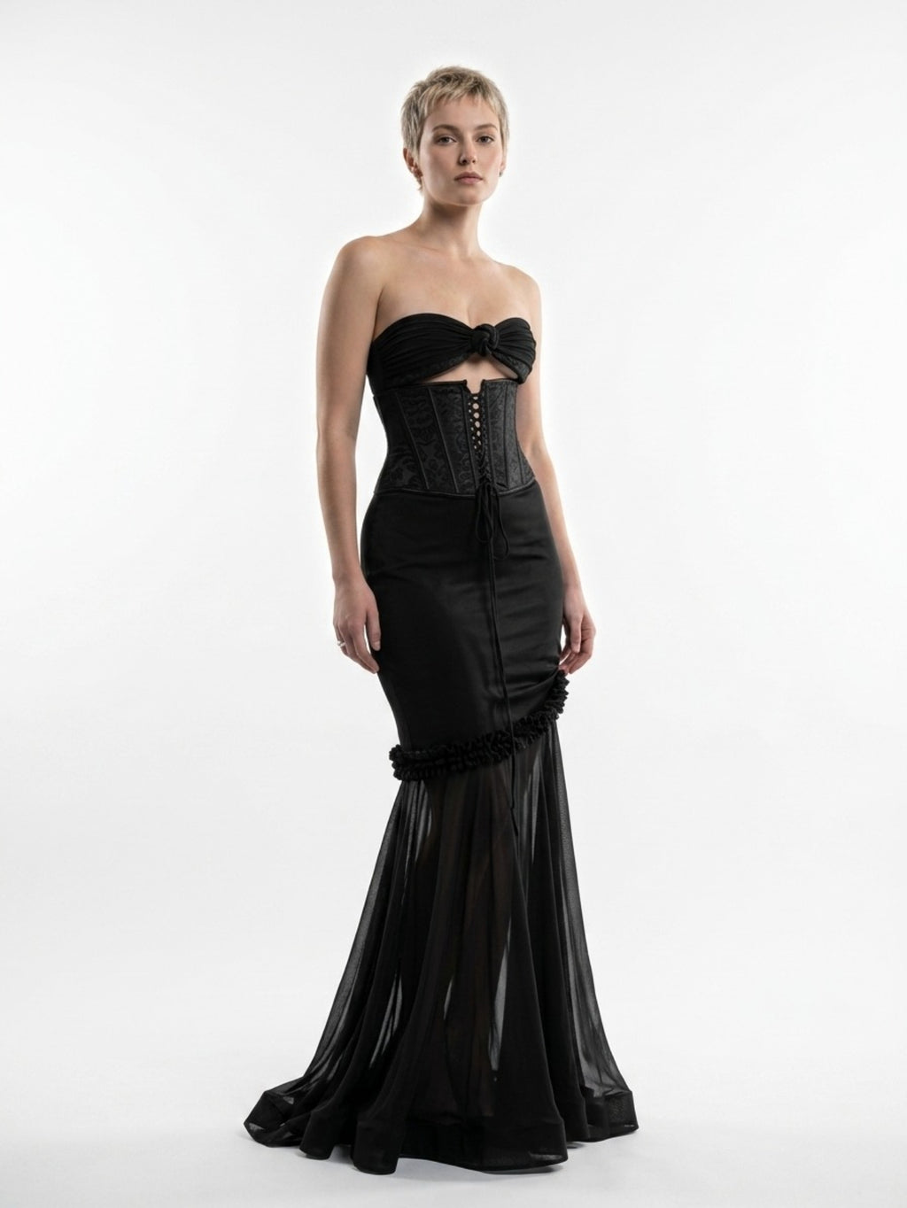 Women's Yellow Strapless Corset Gown - Floral Applique Cutout Tulle Mermaid Evening Dress