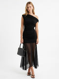 Women's One Shoulder Midi Dress - Black Asymmetric Evening Gown with Mesh Overlay & Side Ruched Detail