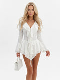 Women's Faux Leather Cutout Romper - Long Sleeve Plunge Neck Bodysuit with Metal Ring Detail, Wet Look Club Jumpsuit