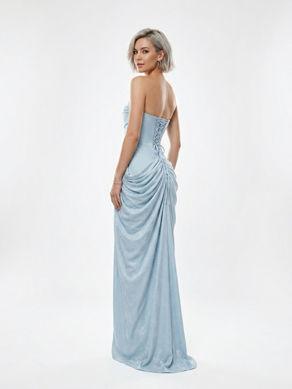 Women's Light Blue Strapless Maxi Dress - Ruched Satin High Slit Formal Evening Gown