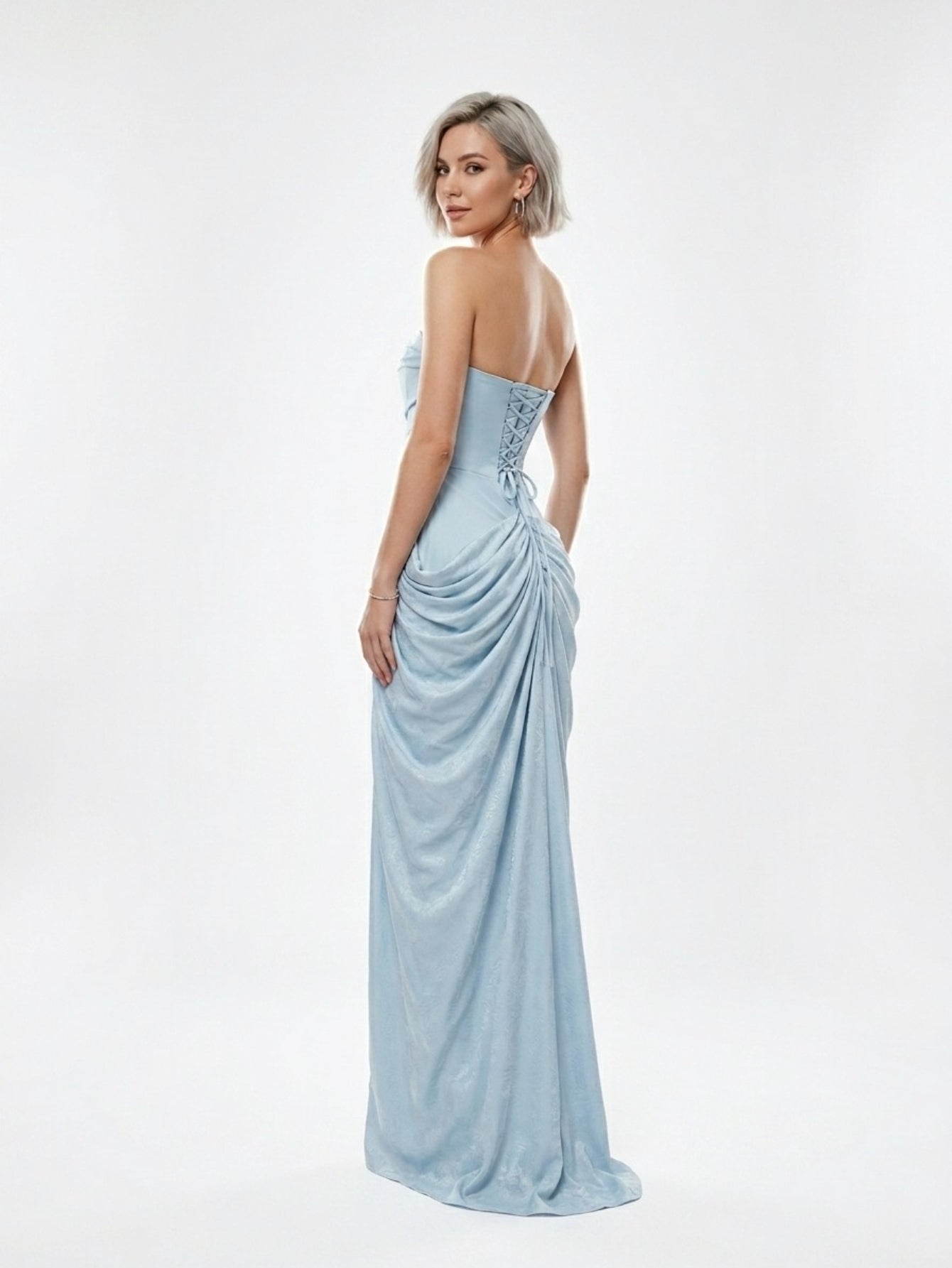 Women's Light Blue Strapless Maxi Dress - Ruched Satin High Slit Formal Evening Gown