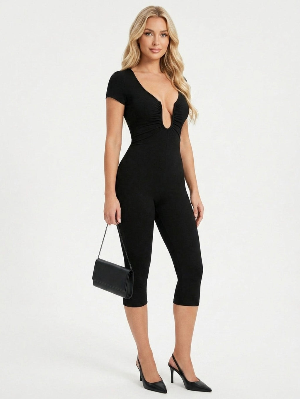 Women's Deep Plunging Neck Jumpsuit - Cutout Bodycon Short Sleeve Catsuit | Sexy Elegant Cocktail Party Romper