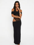 Women's Sexy Cutout Maxi Dress - Off Shoulder Mesh Panel Design with High Slit for Party