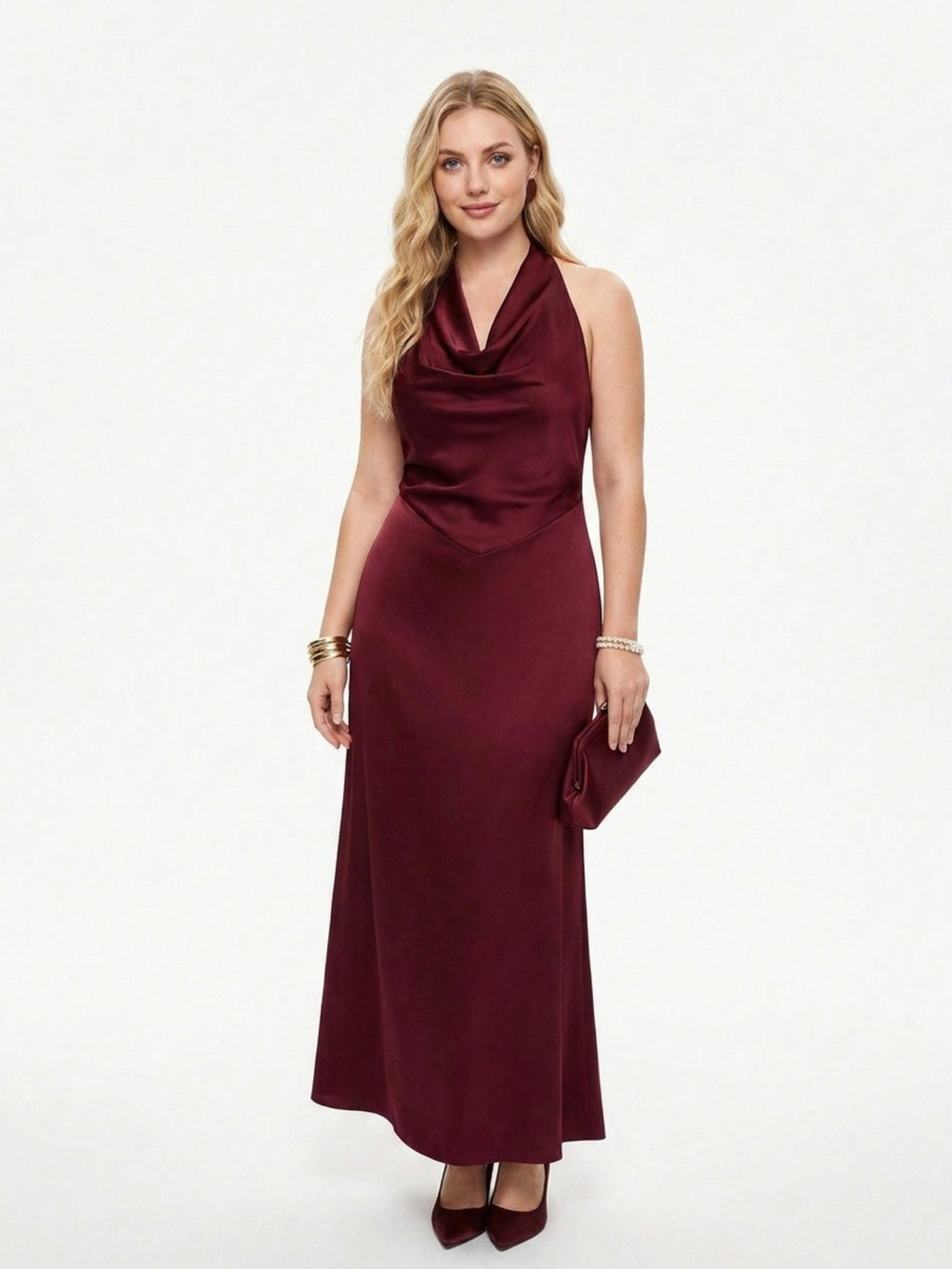 Women's Satin Halter Neck Maxi Dress - Plunging V Neck with Draped Detail | Elegant Evening Party Gown