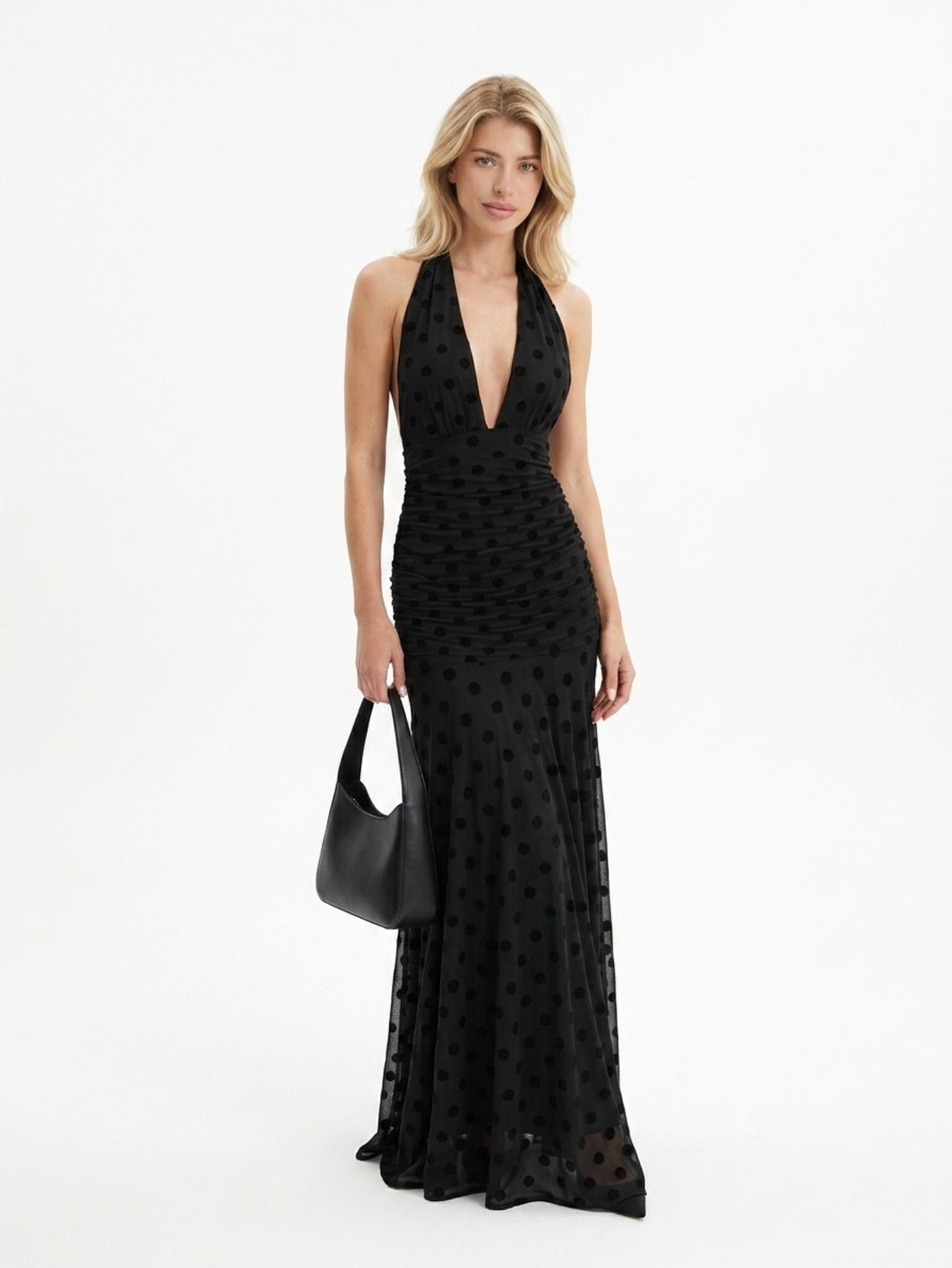 Women's Halter Neck Polka Dot Maxi Dress - Black Deep V Neck Evening Gown with Ruched Waist & Flowy Skirt