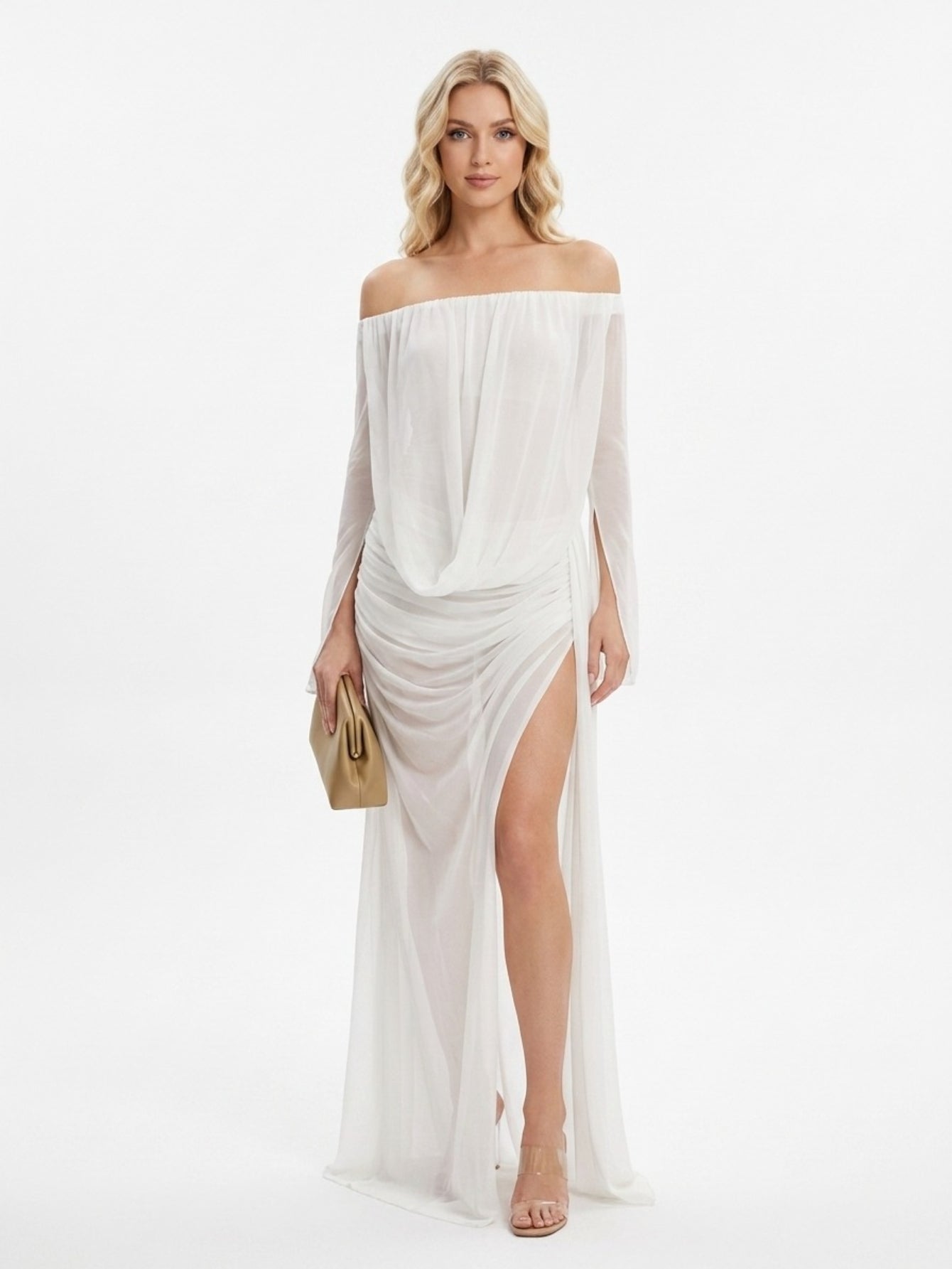 Women's Off Shoulder Maxi Dress - White Chiffon Long Sleeve Formal Gown with High Slit & Draped Ruched Detail