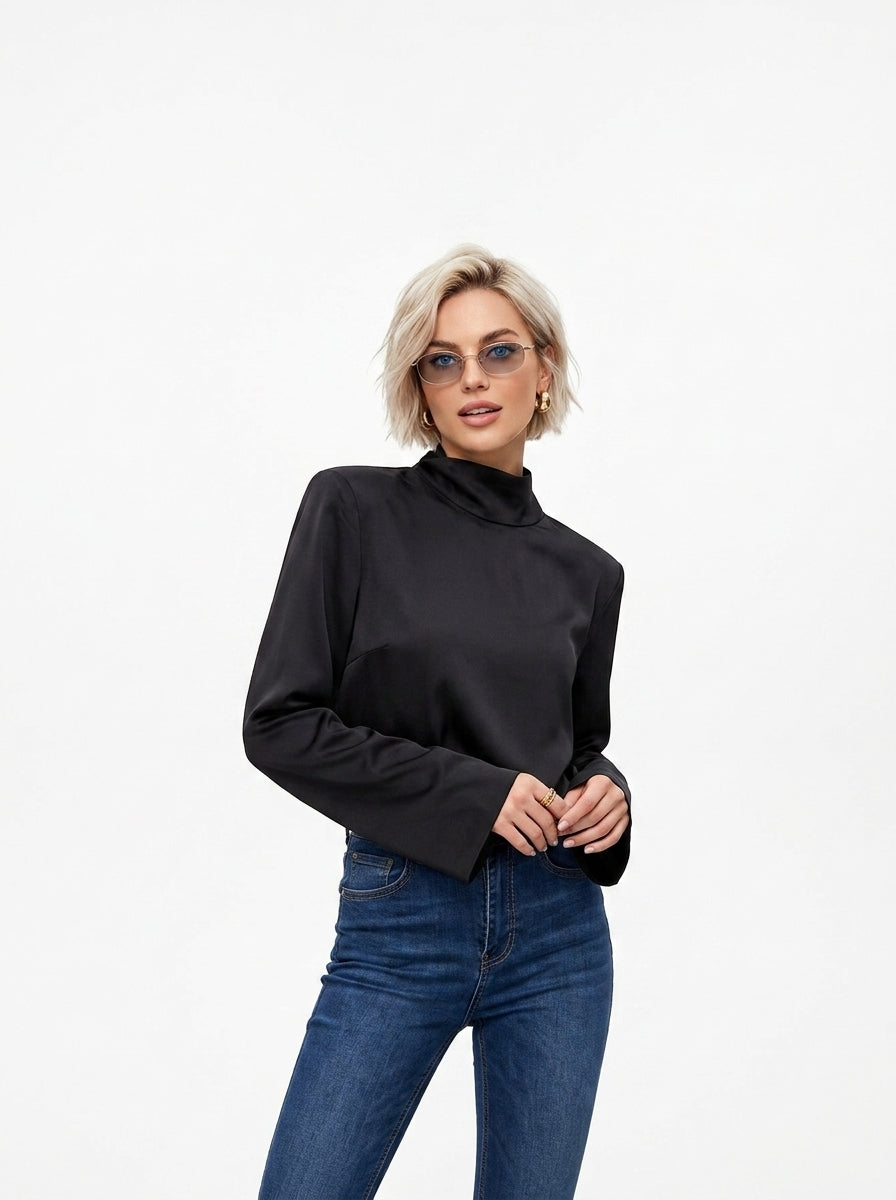 Women's High Neck Satin Blouse with Flared Sleeves - Elegant Solid Color Turtleneck Top for Office and Evening Wear