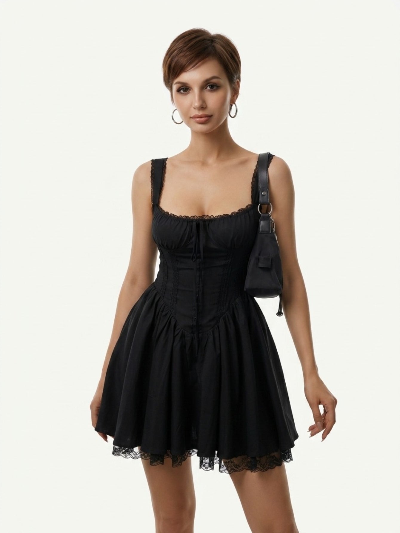 Women's Gothic Lace Up Mini Dress - Black Corset Style Puff Sleeve Square Neck Party Dress
