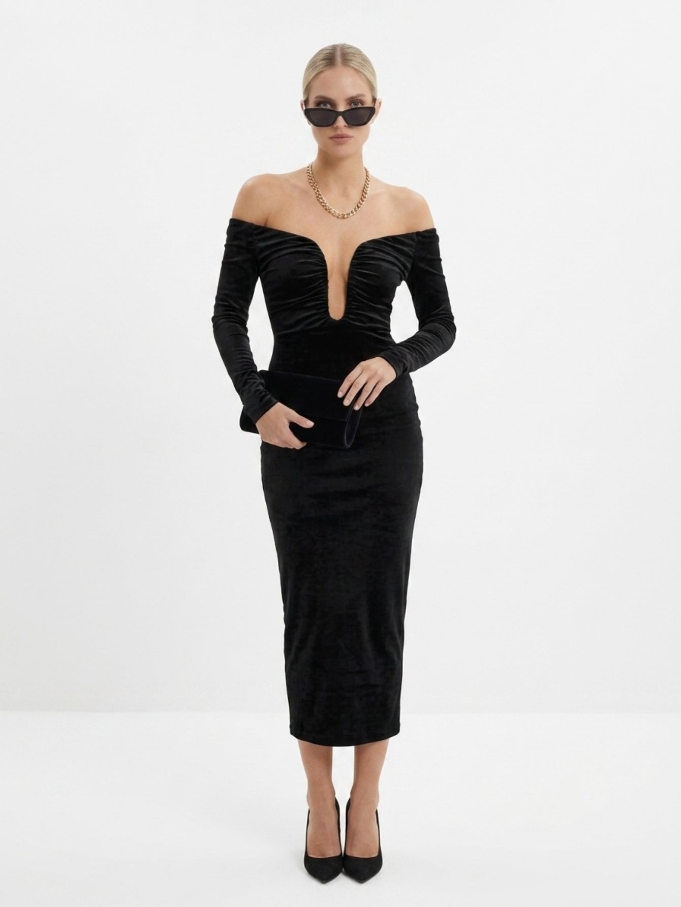 Women's Off Shoulder Midi Dress - Black Slinky Bodycon Evening Gown with Deep Plunging Neckline & Long Sleeves