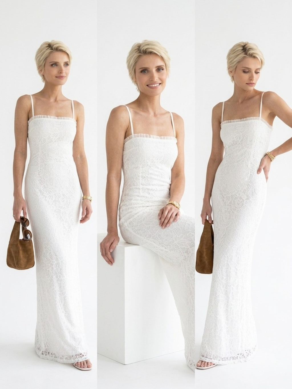 Women's White Lace Maxi Dress - Spaghetti Strap Sleeveless Column Gown for Summer & Bridal Events