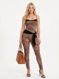 Women's Leopard Print Two Piece Set - Sexy Spaghetti Strap Corset Top & High Waisted Leggings With Tie Detail For Nightclub Party