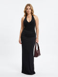 Women's Black Halter Maxi Dress - Deep V Neck Slinky Ruched Evening Gown | Formal Party Long Dress