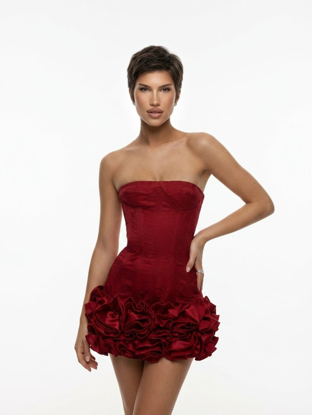 Women's Metallic Corset Mini Dress - Red/Gold Strapless Sweetheart Neck Floral Party Dress