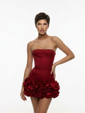 Women's Metallic Corset Mini Dress - Red/Gold Strapless Sweetheart Neck Floral Party Dress