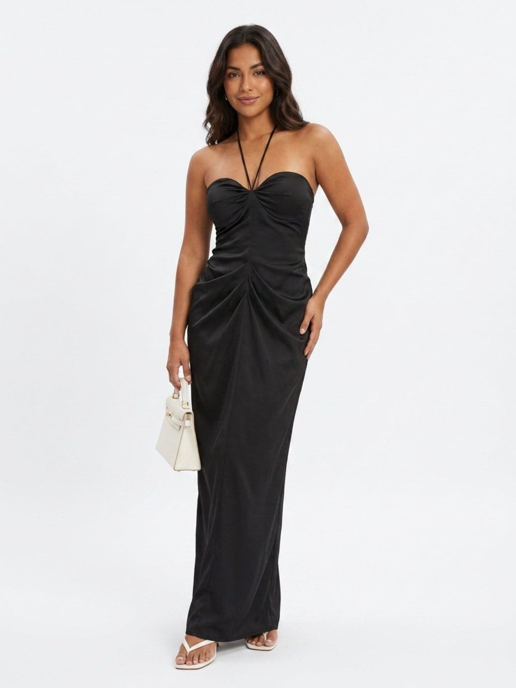 Women's Elegant Black Halter Neck Maxi Dress - Ruched Satin Evening Gown with Sweetheart Neckline for Formal Party