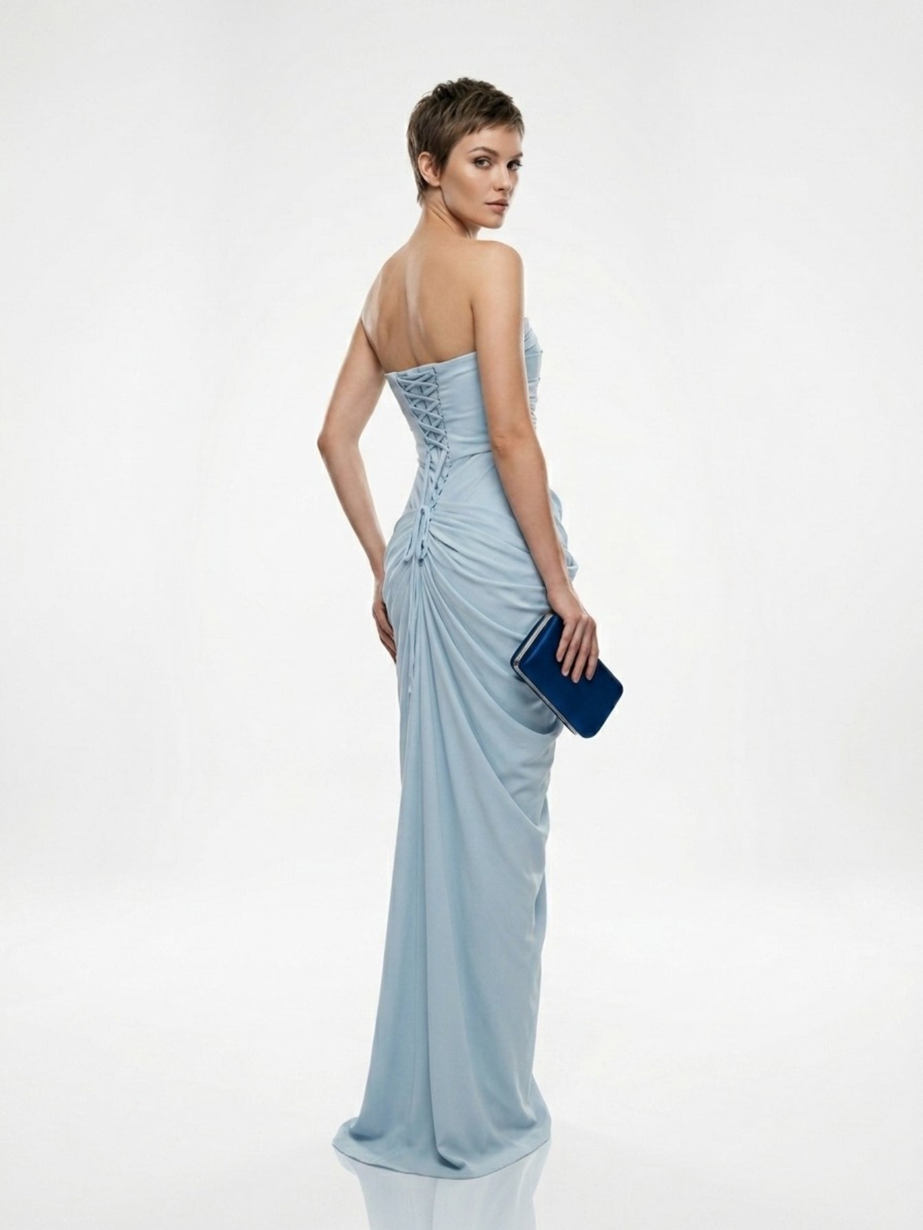Women's Light Blue Strapless Maxi Dress - Ruched Satin High Slit Formal Evening Gown