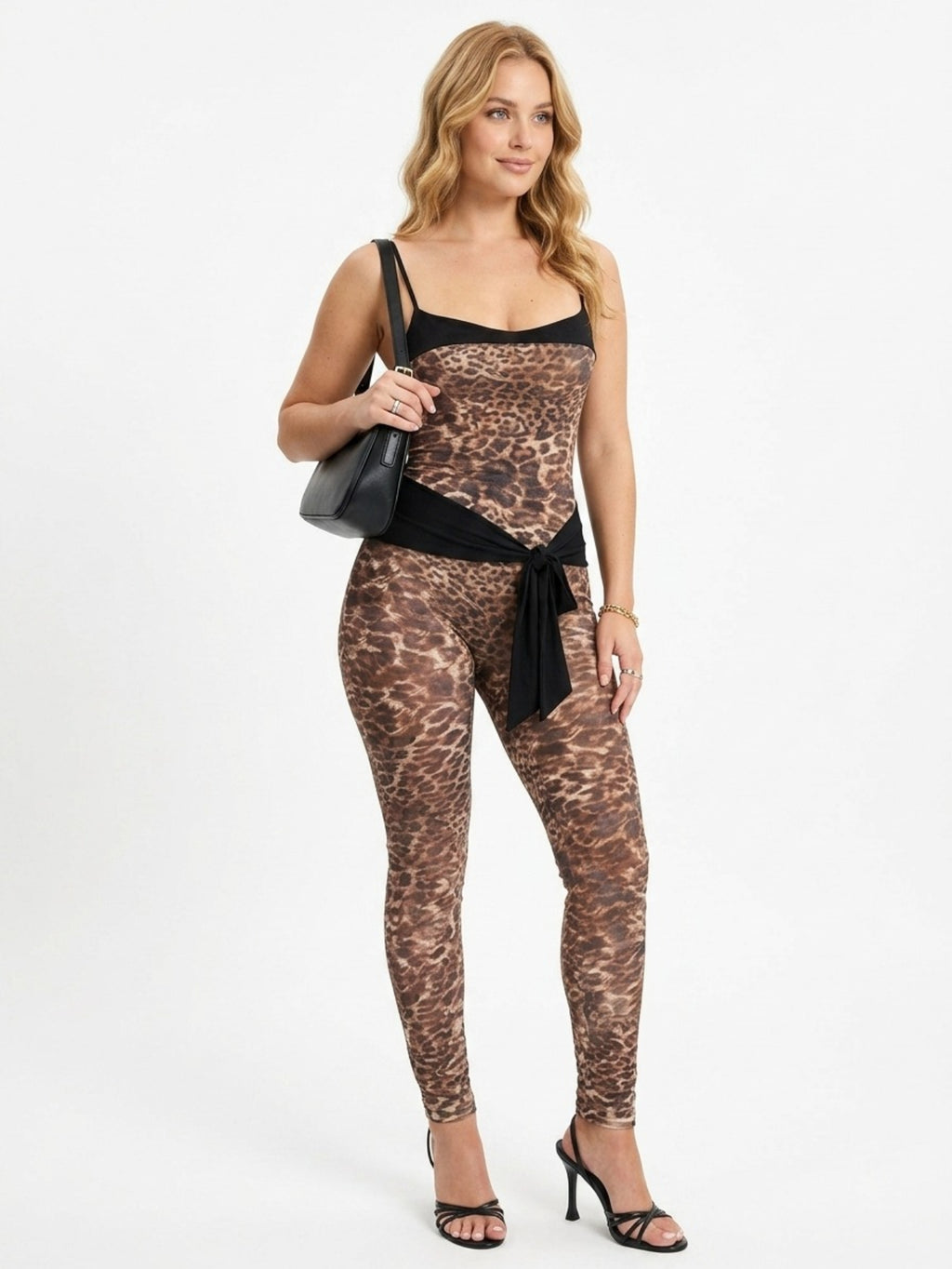 Women's Leopard Print Two Piece Set - Sexy Spaghetti Strap Corset Top & High Waisted Leggings With Tie Detail For Nightclub Party