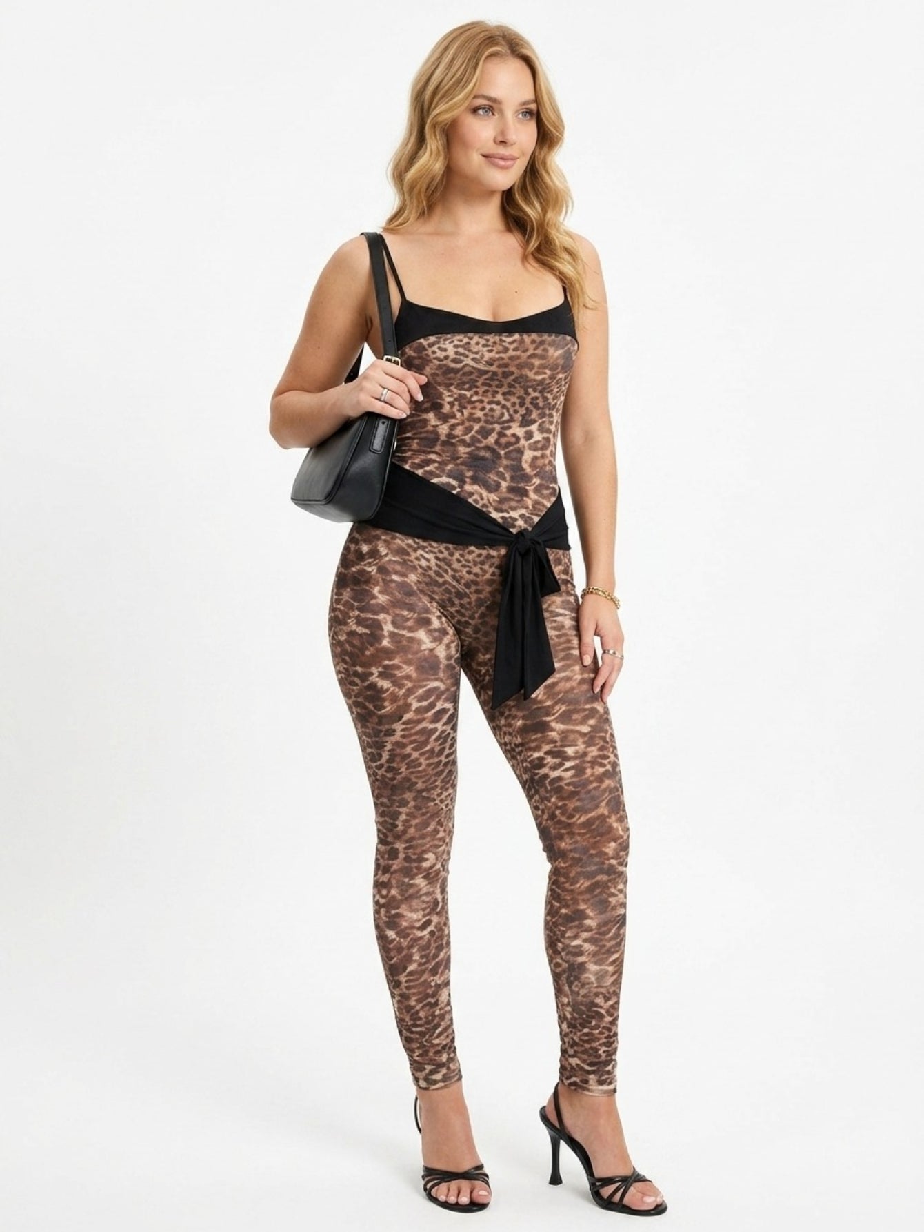 Women's Leopard Print Two Piece Set - Sexy Spaghetti Strap Corset Top & High Waisted Leggings With Tie Detail For Nightclub Party
