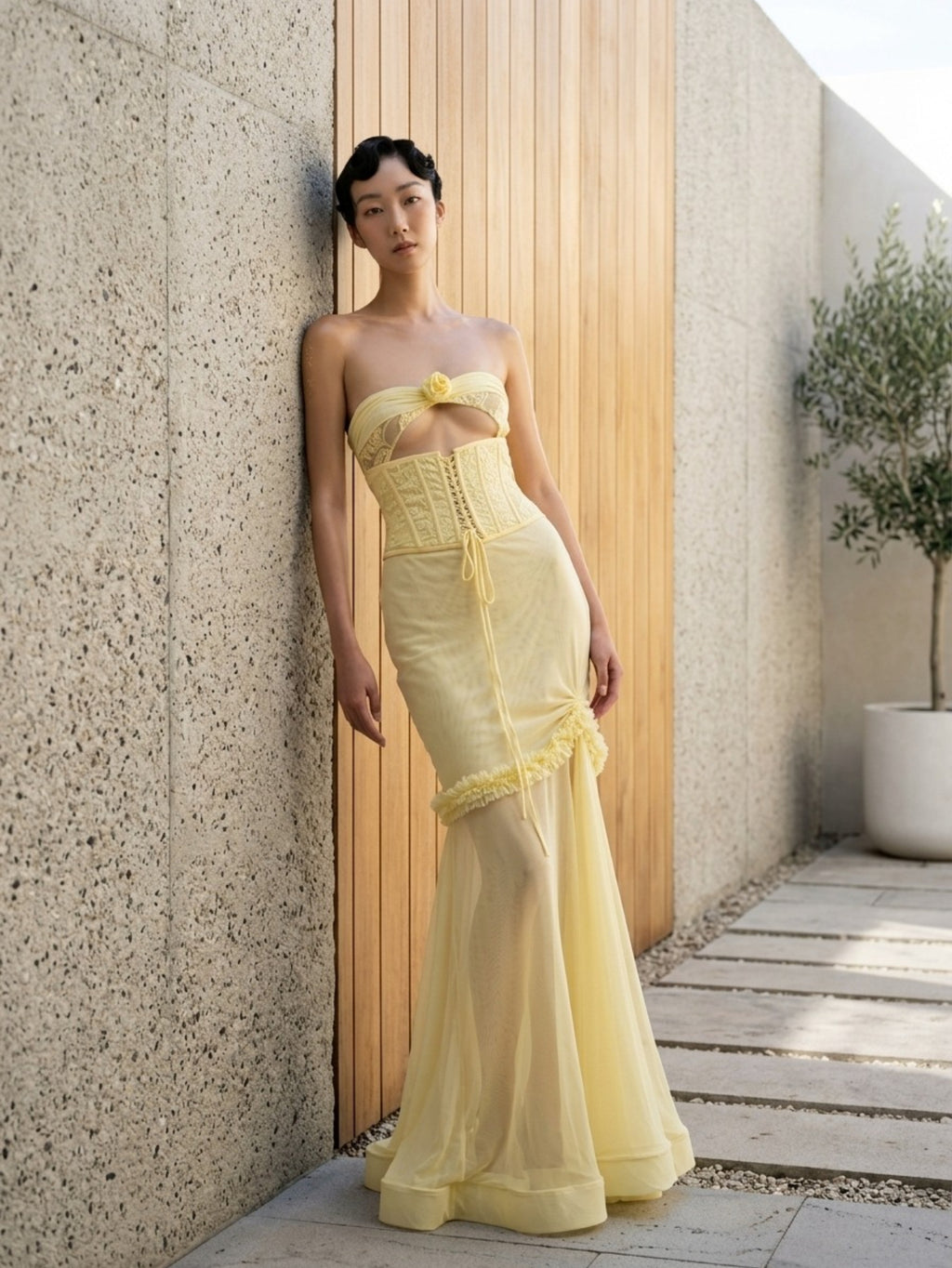 Women's Yellow Strapless Corset Gown - Floral Applique Cutout Tulle Mermaid Evening Dress