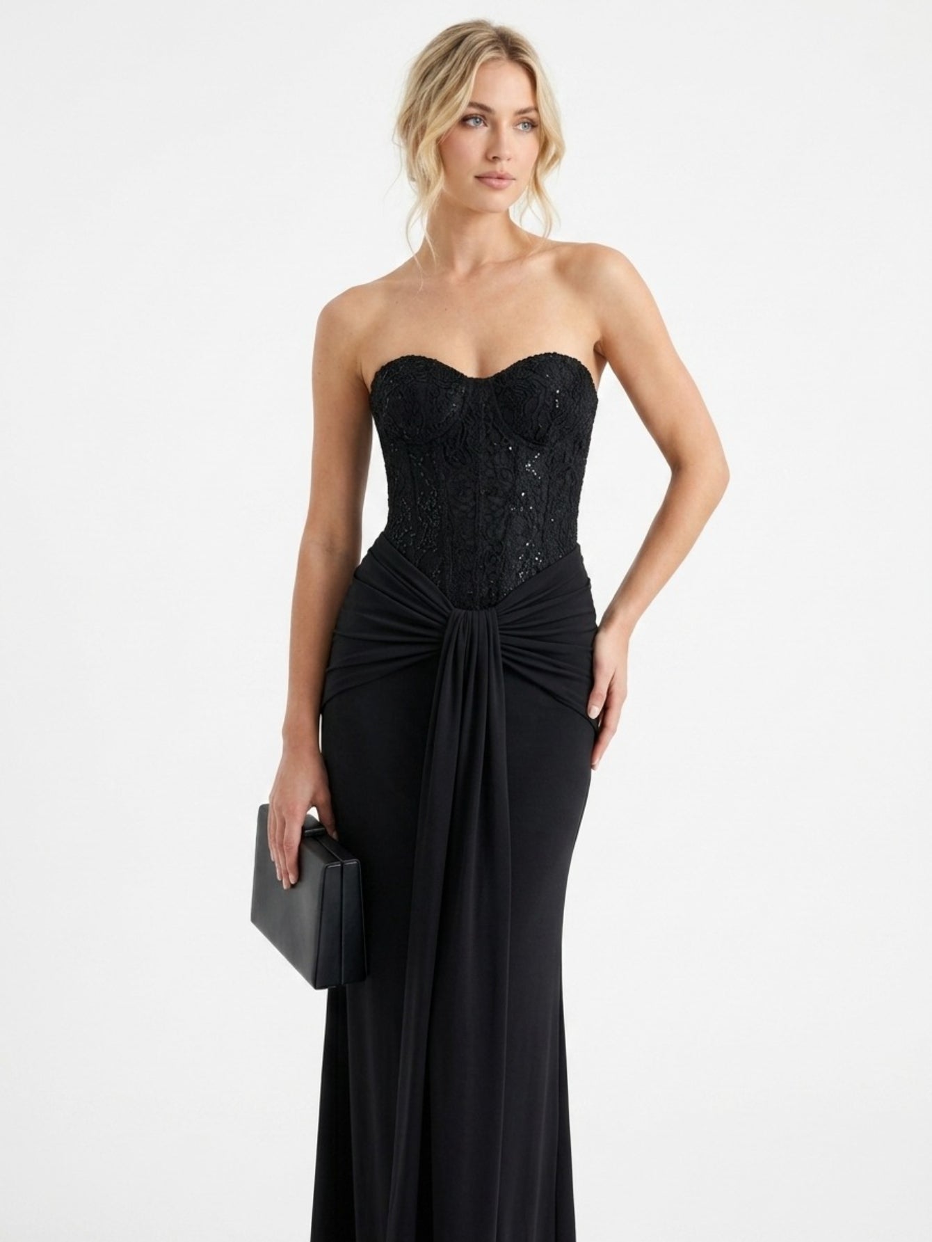 Women's Elegant Strapless Backless Long Dress with Ruched Detail Perfect for Party & Formal Events, Woven Fabric with Slight Stretch