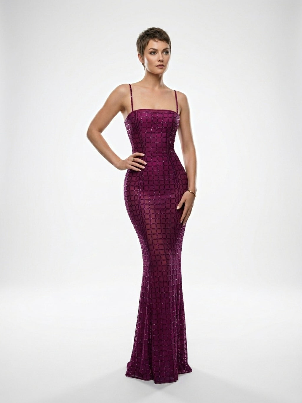 Women's Sequin Mermaid Maxi Dress - Emerald Green/Plum Purple Strapless Fishtail Formal Gown