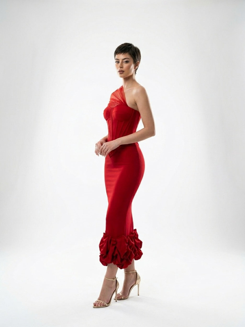 Women's One Shoulder Asymmetric Maxi Dress - Red Lace Corset Cutout Bodycon Evening Gown
