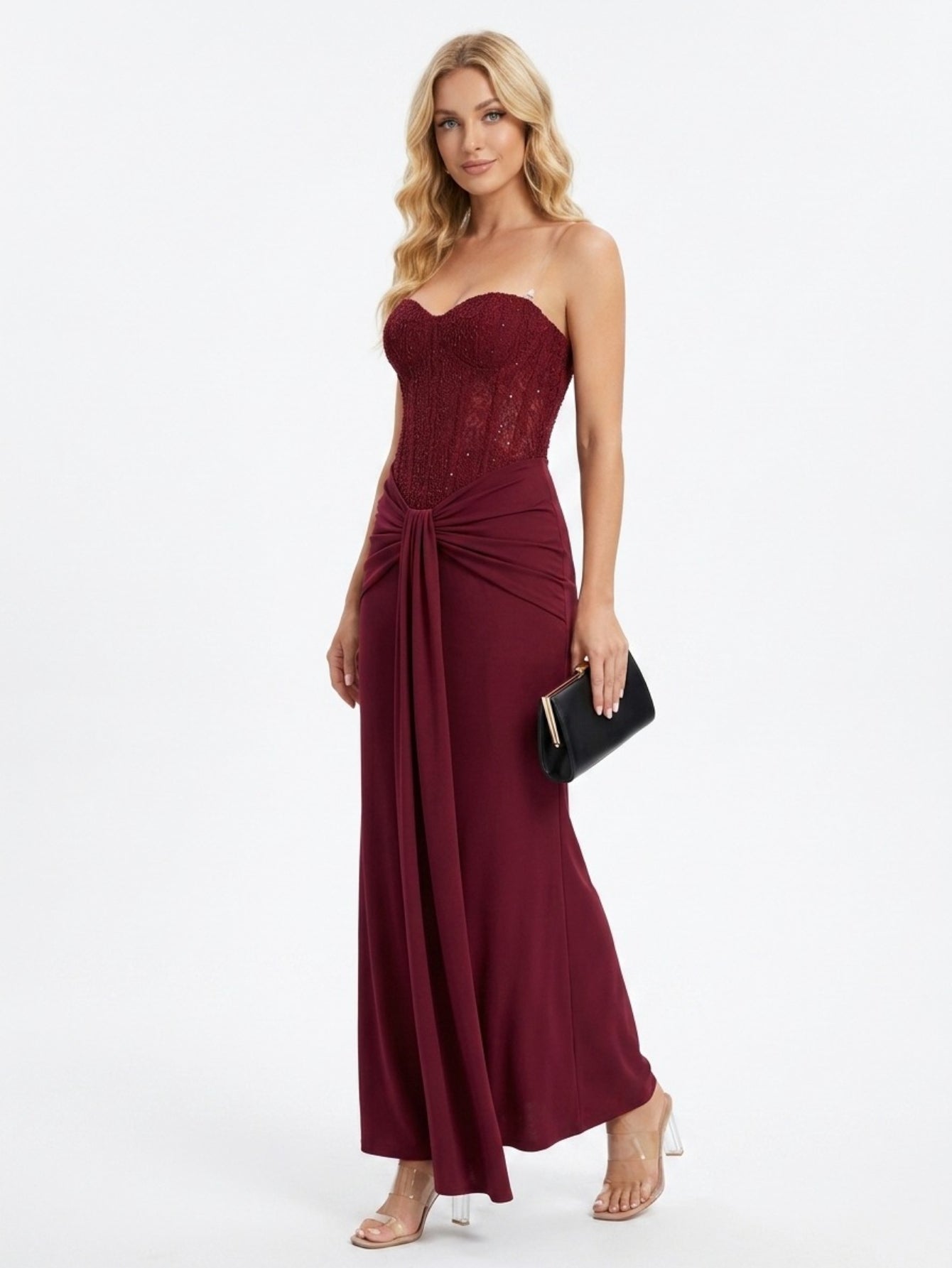 Women's Elegant Strapless Backless Long Dress with Ruched Detail Perfect for Party & Formal Events, Woven Fabric with Slight Stretch