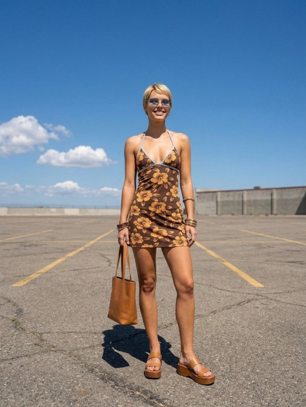 Women's Brown Floral Print Dress - Halter Neck Tie Front Mini Dress with Cross Strap Detail | Sexy Summer Beach Vacation Dress