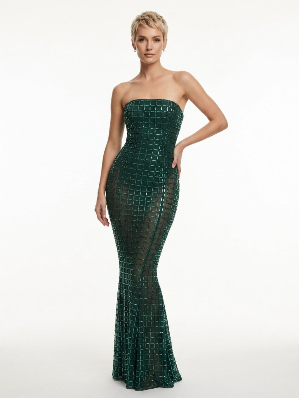 Women's Sequin Mermaid Maxi Dress - Emerald Green/Plum Purple Strapless Fishtail Formal Gown