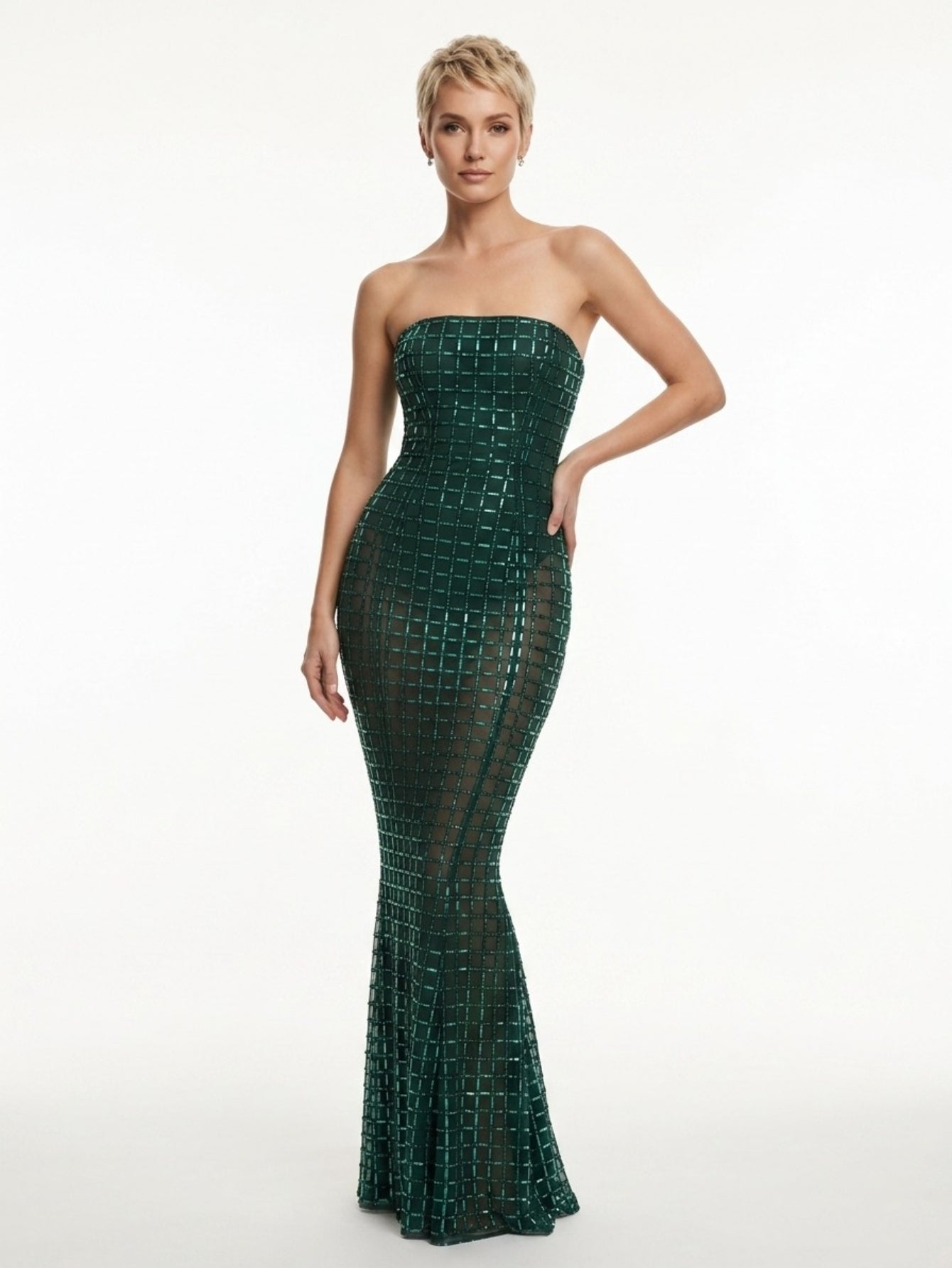 Women's Sequin Mermaid Maxi Dress - Emerald Green/Plum Purple Strapless Fishtail Formal Gown