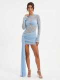 Women's Sky Blue Halter Neck Mini Dress - Sexy Mesh Overlay with Bow Front & Draped Detail for Party