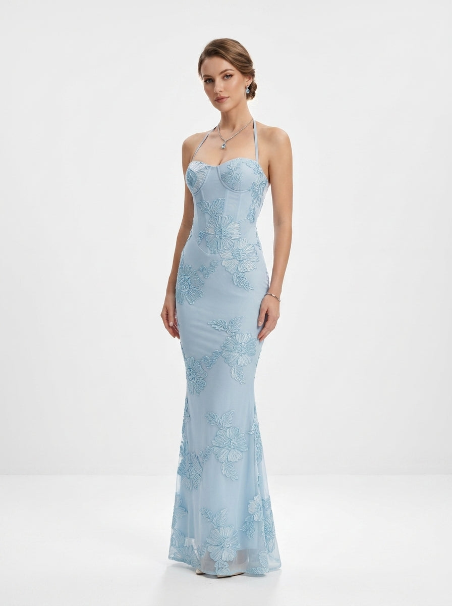 Women's Black Halter Neck Evening Gown with 3D Floral Appliques Mermaid Maxi Dress