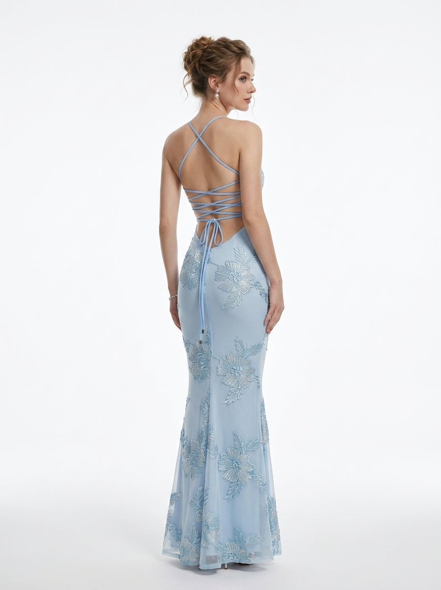 Women's Black Halter Neck Evening Gown with 3D Floral Appliques Mermaid Maxi Dress