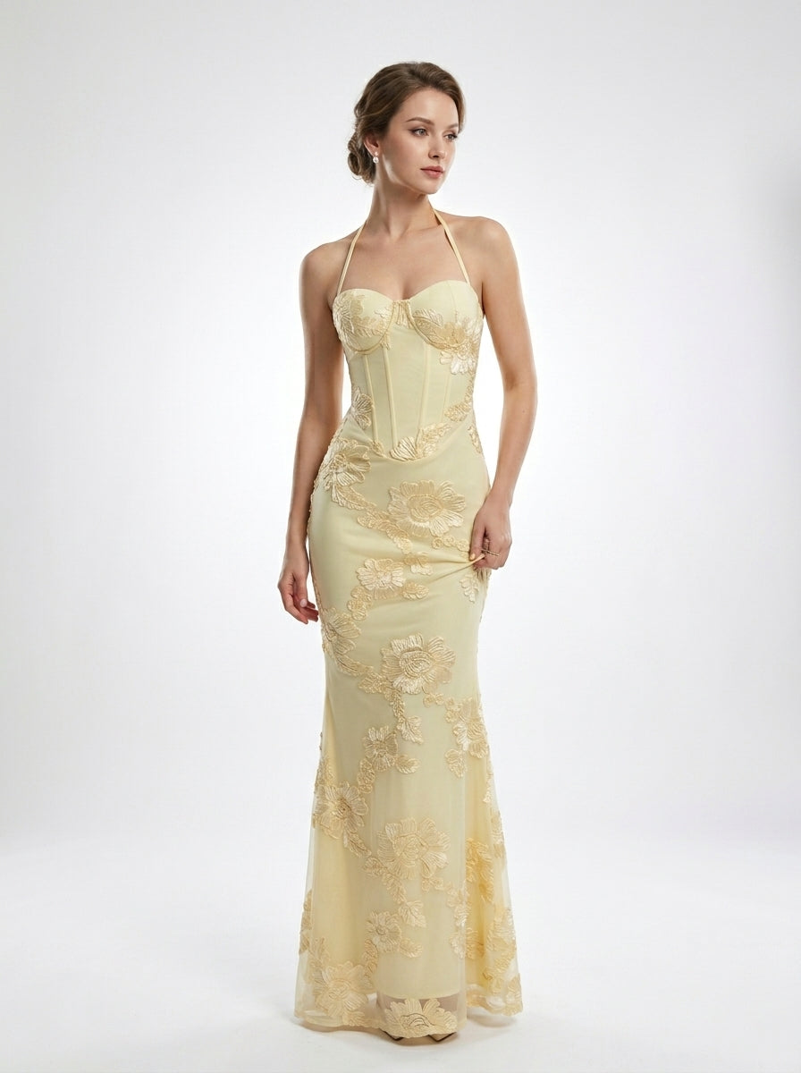 Women's Black Halter Neck Evening Gown with 3D Floral Appliques Mermaid Maxi Dress