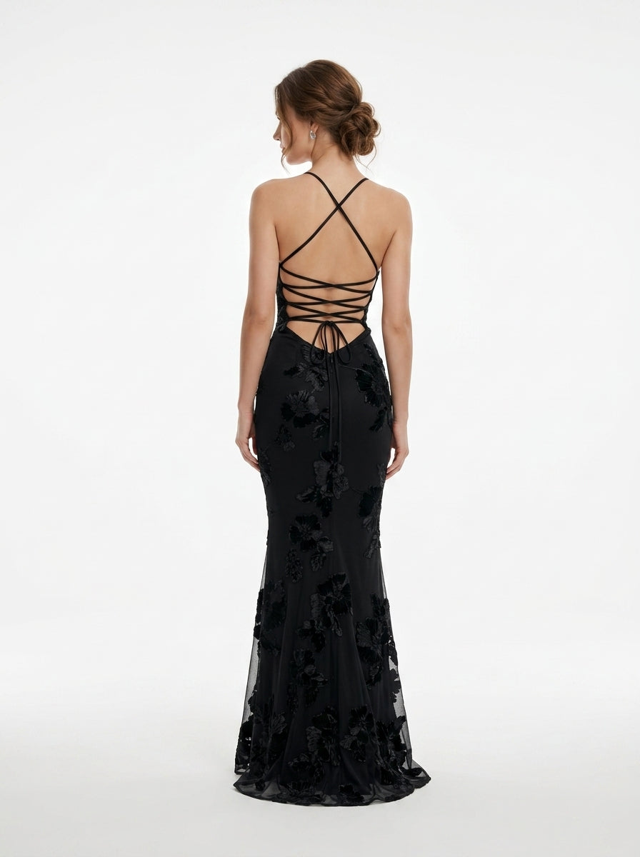 Women's Black Halter Neck Evening Gown with 3D Floral Appliques Mermaid Maxi Dress
