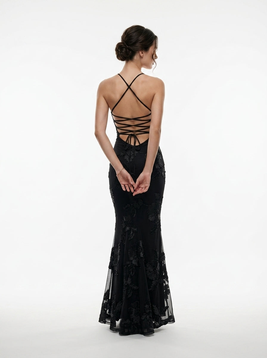 Women's Black Halter Neck Evening Gown with 3D Floral Appliques Mermaid Maxi Dress