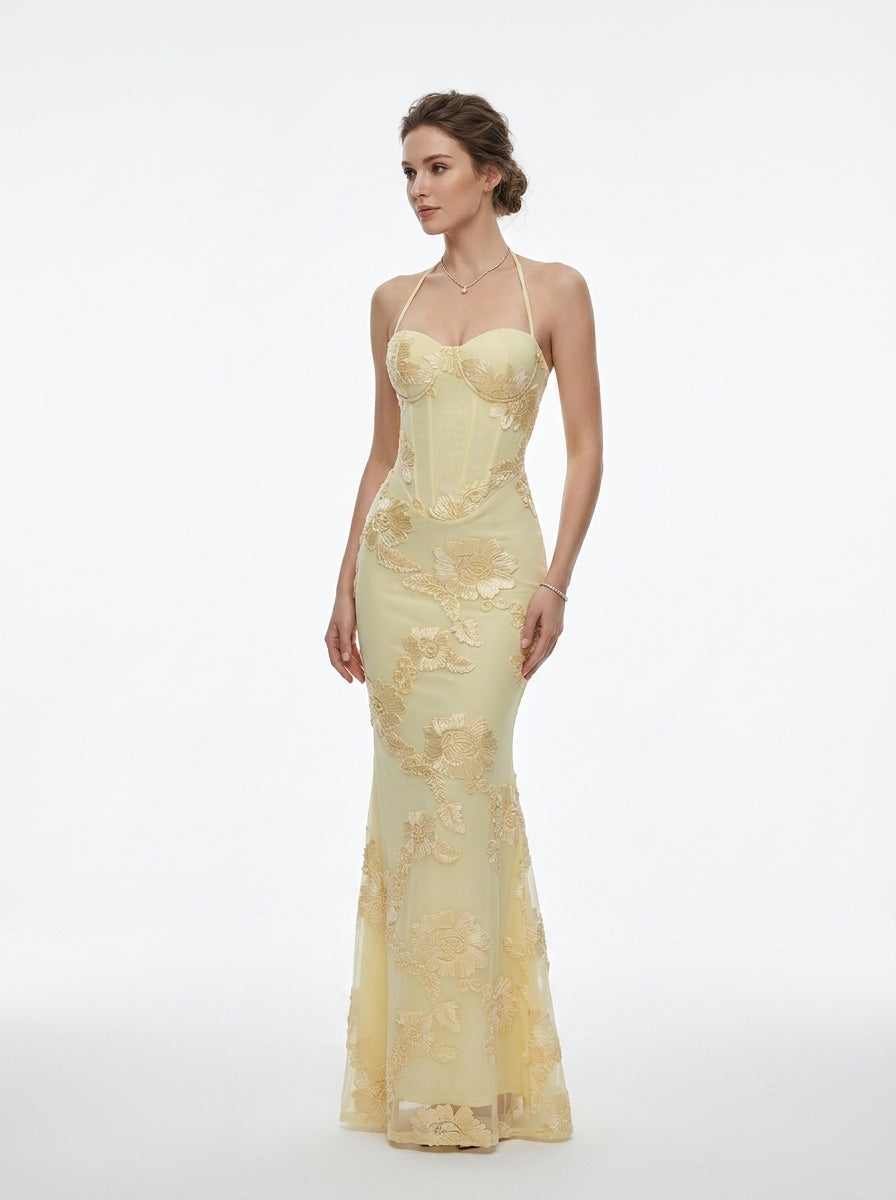 Women's Black Halter Neck Evening Gown with 3D Floral Appliques Mermaid Maxi Dress