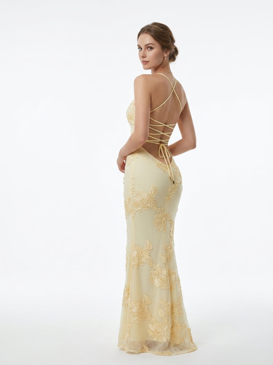 Women's Black Halter Neck Evening Gown with 3D Floral Appliques Mermaid Maxi Dress