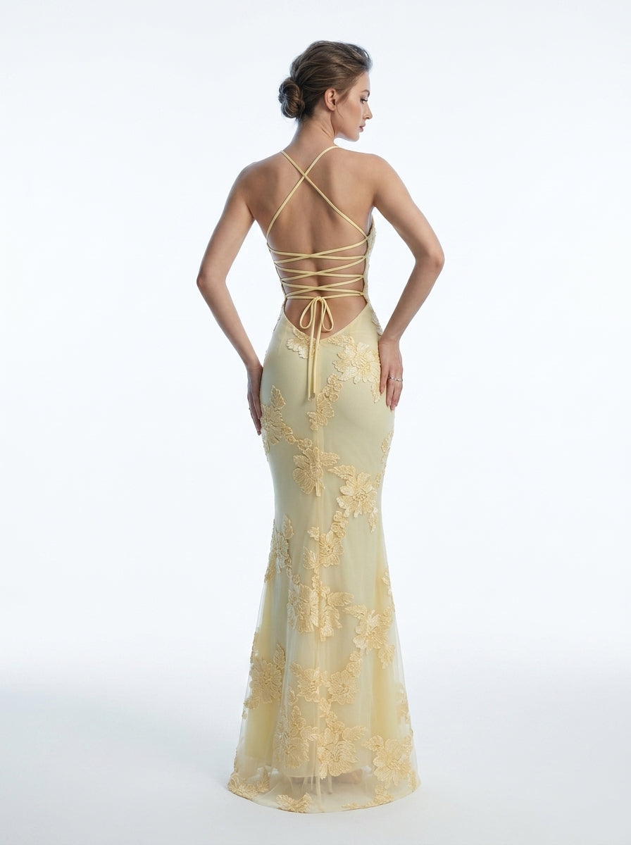 Women's Black Halter Neck Evening Gown with 3D Floral Appliques Mermaid Maxi Dress
